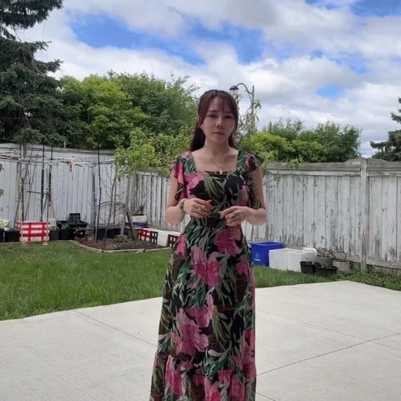 Pink and Black Maxi Sundress with Flutter Cap Sleeves - Picture 3 of 3